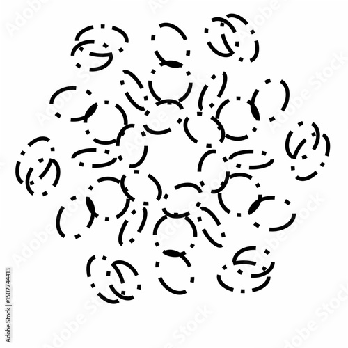 Abstract composition of dashed black elliptical rings arranged in a spiral cluster on a white background. Perfect for modern art, optical illusion themes, digital projects, and creative design use.