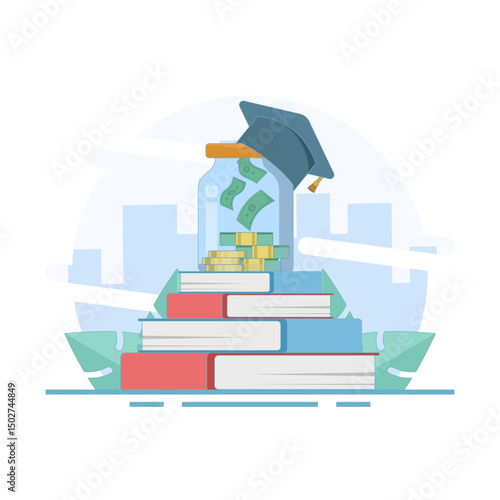 Education money budget concept. Investing money in education, university and college tuition fees. Money for education and knowledge. Financial education. Flat vector illustration on