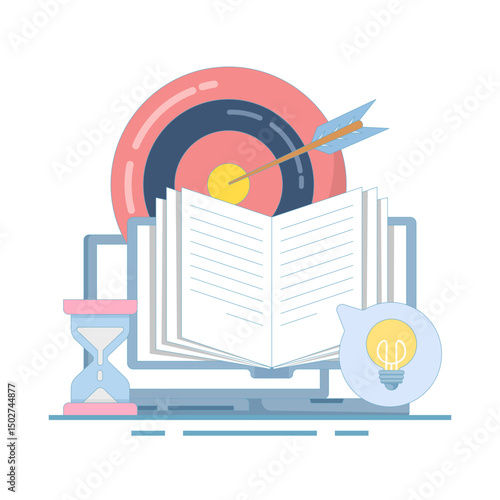 Self-development concept. Self-improvement. Self-study, online education, e-books, distance learning. Achieving goals to develop self-skills. Flat design illustration on the background.