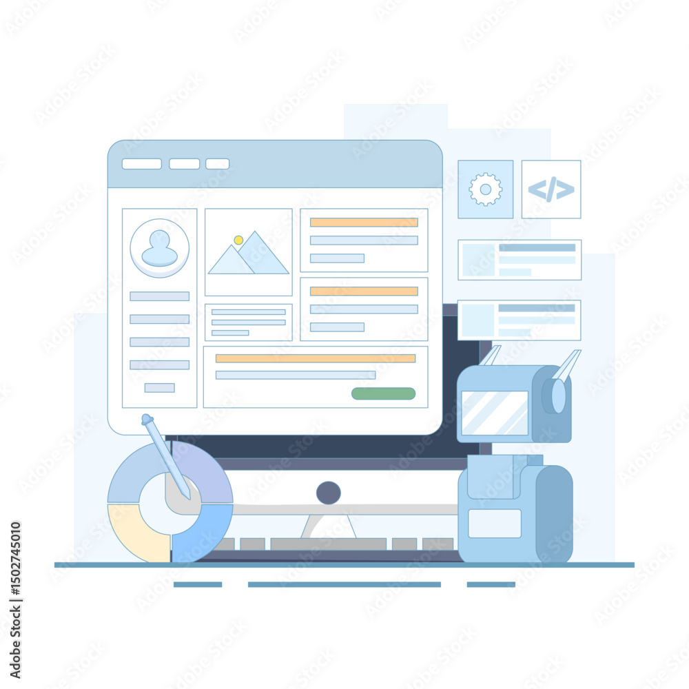 vector illustration of artificial intelligence building a website without code, website design and web development with artificial intelligence technology, AI website builder. flat design illustration vector illustration of artificial intelligence building a website without code, website design and web development with artificial intelligence technology, AI website builder. flat design illustration