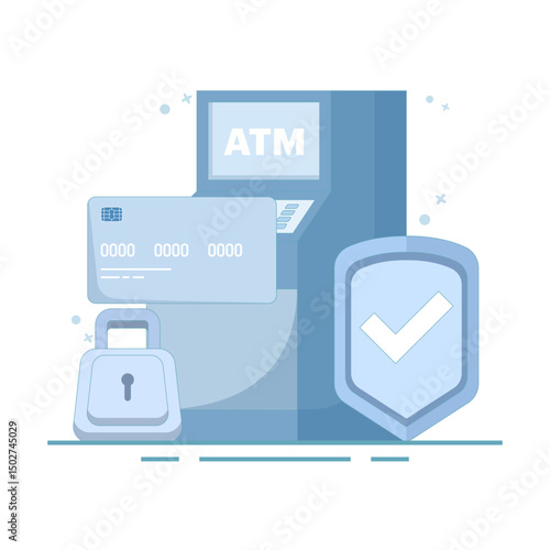 ATM card security system concept, protect card from theft and hacking. Account balance protection. Make online payments and secure banking passwords, account lock. Flat design illustration.