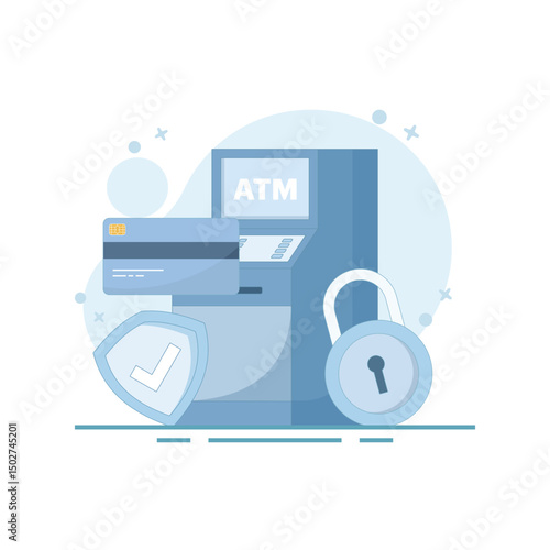 ATM card security system concept, protect card from theft and hacking. Account balance protection. Make online payments and secure banking passwords, account lock. Flat design illustration.