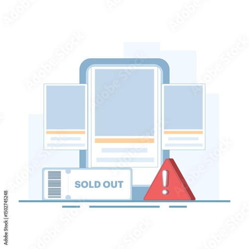 No ticket concept. Sold out event. Find popular events, Sold out tickets, full venue, overbooked, very popular festival, popular show, Online booking system. Flat vector illustration on background.