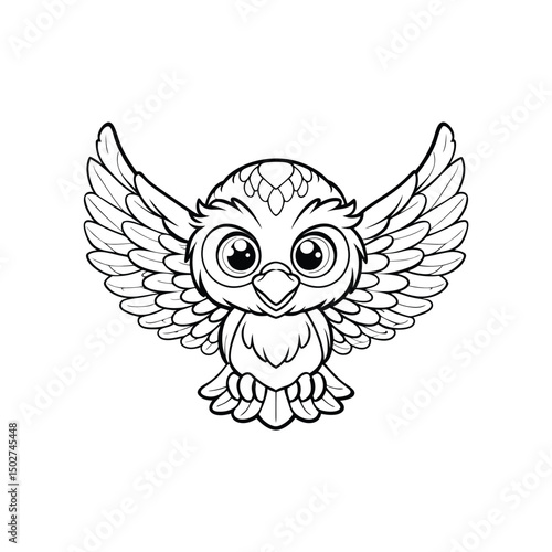 Adorable cartoon owl with wide open wings in black and white illustration