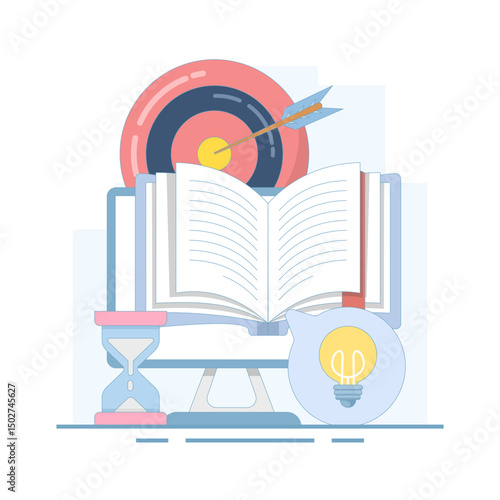 Self-development concept. Self-improvement. Self-study, online education, e-books, distance learning. Achieving goals to develop self-skills. Flat design illustration on the background.