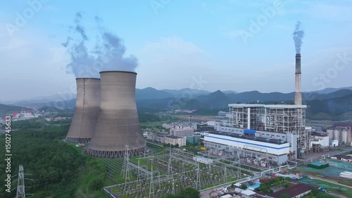 nuclear power plant with cooling towers