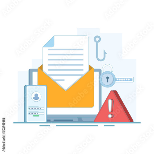 Vector illustration of Personal Information Theft, Fishing Hook Email, Cyber ​​Security Breach, Email Service Targeted by Cyber ​​Attack. Password Hacking. Online Security. Flat design illustration.