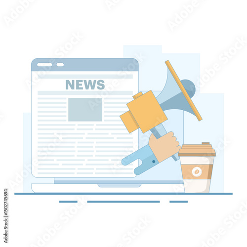 breaking news concept. reading news online using an app on a device. Newspaper on a mobile phone. urgency and attention. marketing, and advertising. Flat design vector illustration.