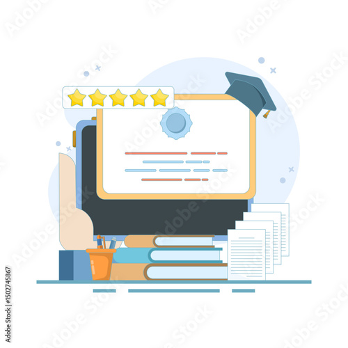 Distance learning concept, Online education discussion, Webinar training program, Online business training, Computer education. Online certification courses. Flat design illustration in the background