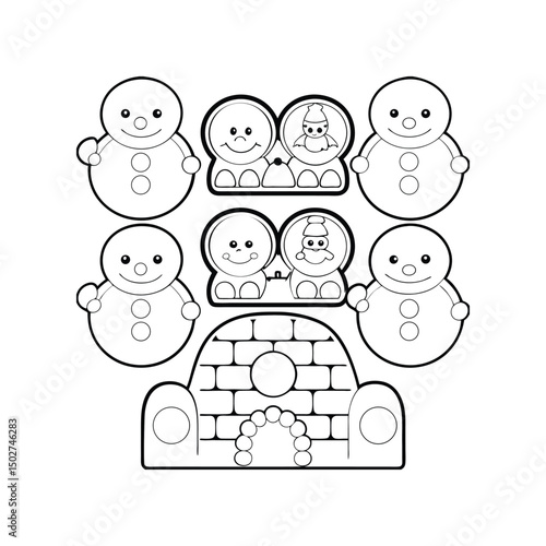 Black and white outline illustration of snowmen snow globes and igloo for winter season