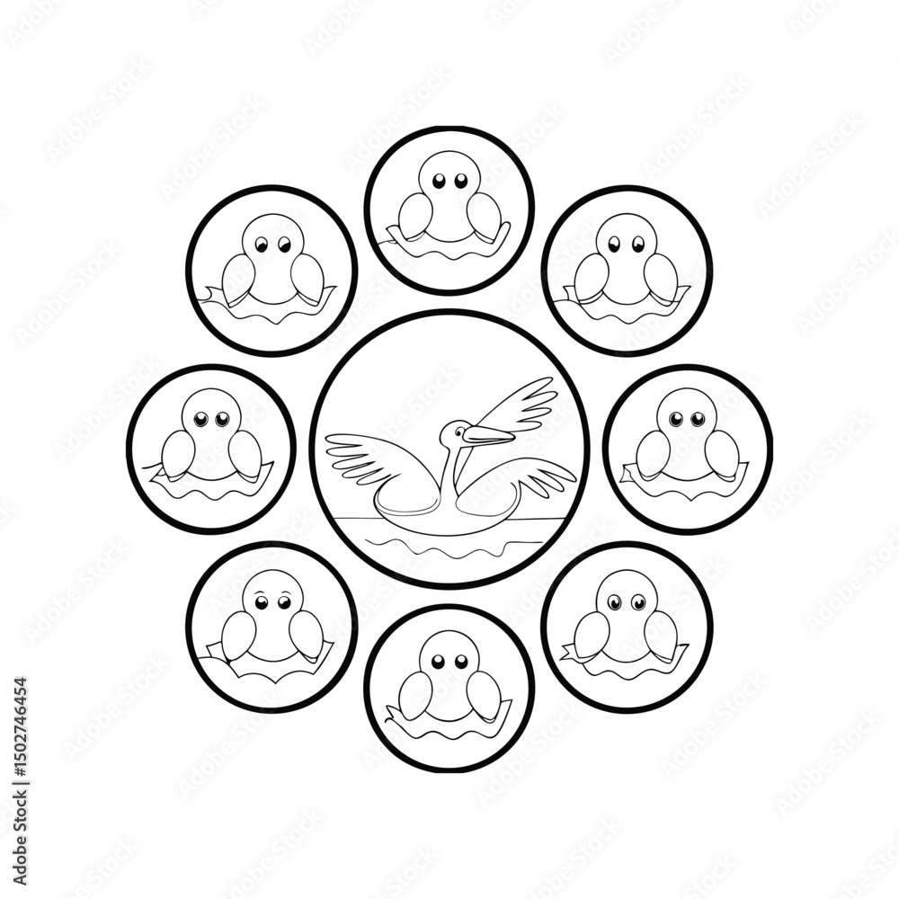 Fototapeta premium Black and white pelican bird and baby birds in circles for coloring and designs