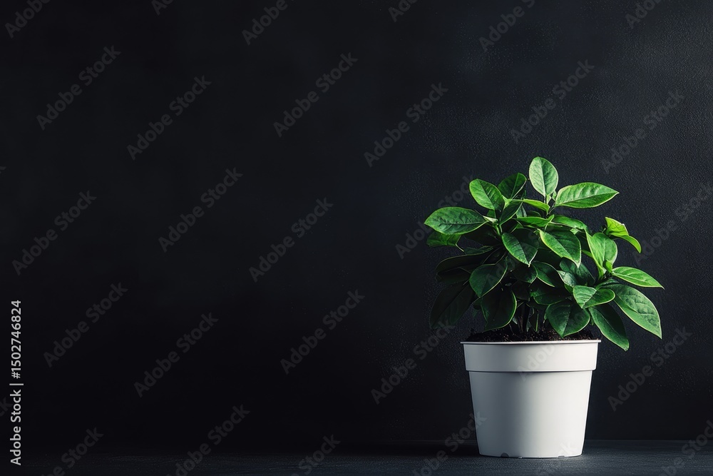 Green plant in white pot, dark backdrop Green plant in white pot, dark backdrop