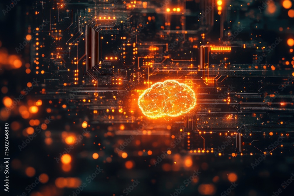Neural network, glowing brain on circuit board Neural network, glowing brain on circuit board