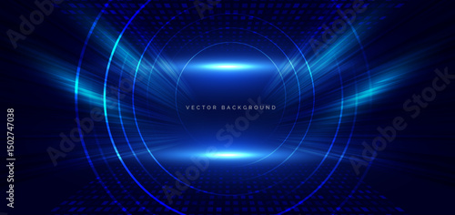 Abstract blue circles lines on dark blue background. Speed motion moving movement concept.