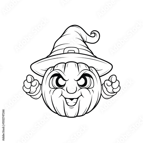 Cartoon illustration of a spooky halloween pumpkin wearing a witch hat and gesturing