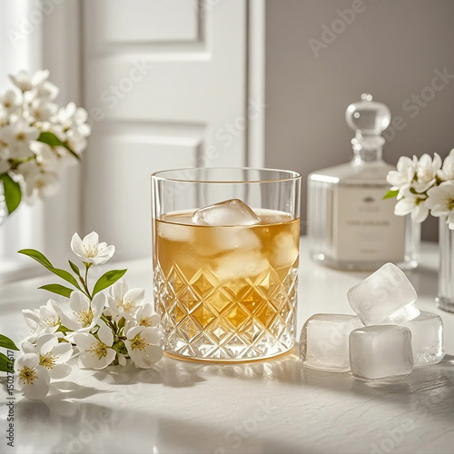 A glass chilled of ice tea and some ice cubes, soft and elegant scene in a white toned setting. 