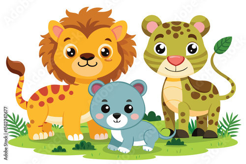 Adorable Cartoon Lion Cub Leopard and Baby Animal Friends