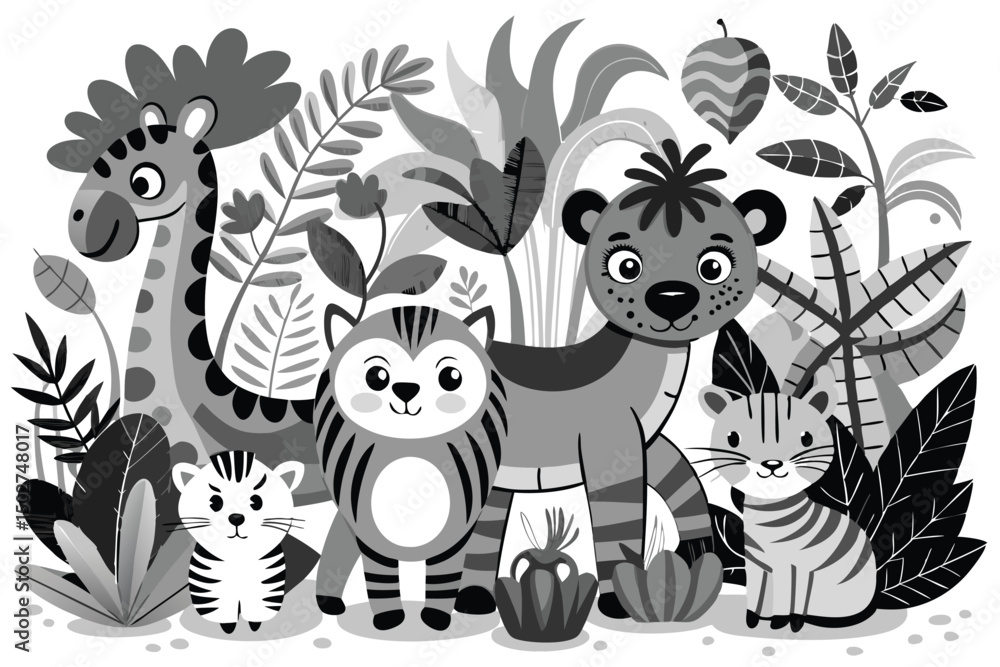 Obraz premium Adorable Monochrome Jungle Animals in Lush Foliage