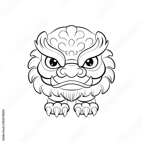 Cute cartoon illustration of a guardian lion dog vector artwork in black and white