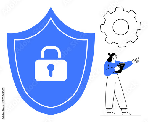 Lock on shield represents data protection. Gear highlights system processes. Woman with tablet adds human element. Ideal for cybersecurity, digital privacy, data management, technical support, online