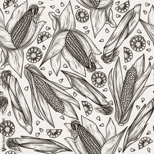 МобильSeamless vector pattern corn on the cob and kernels in engraving style. Cooking corn dishes. Popcorn. Farming