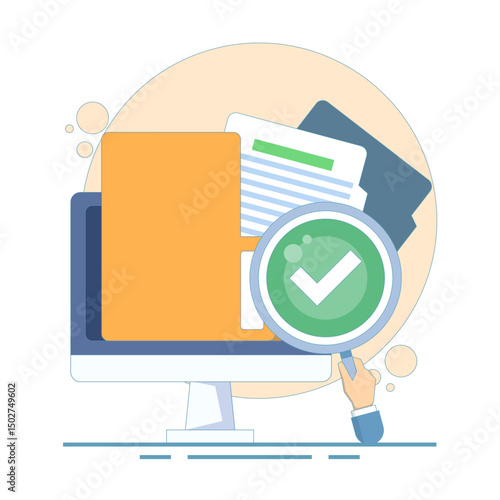 Document Verification Implementation Concept. identification or job consultation in business. document inspection assessment, Document with Magnifying Glass and Check Mark. flat design illustration.
