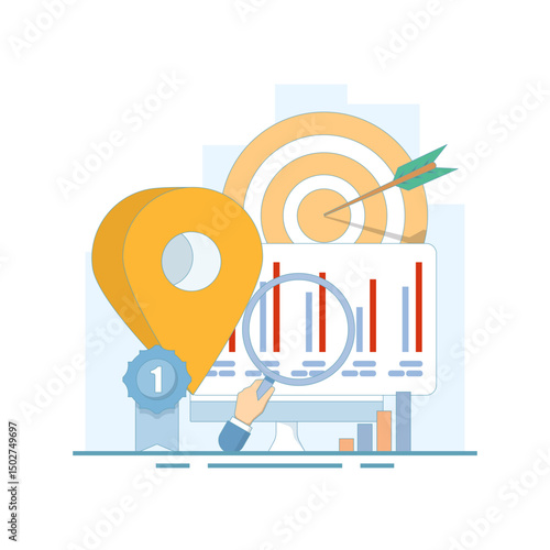 Store locator concept. Find profitable locations, strategic investments and ROI insights. online information search. device screen with local pin location and target. flat design illustration