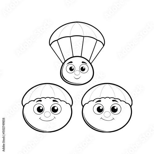 Smiling cartoon characters with parachutes in black and white ready for skydiving fun