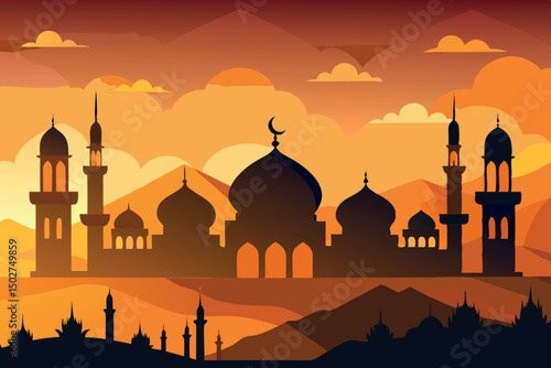 Colorful Islamic cityscape silhouette of domes, minarets, and crescent moon against an orange sunset, capturing the serene beauty of Islamic architecture
