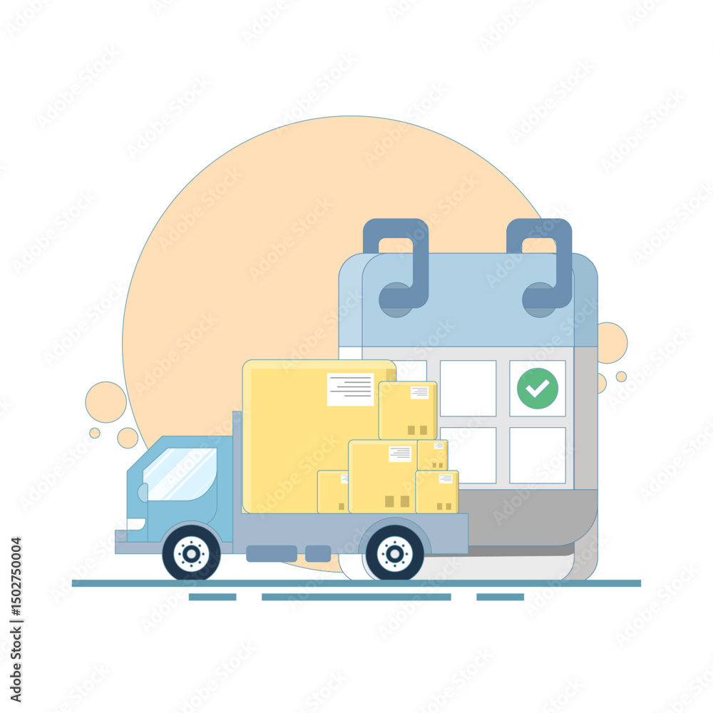 Fototapeta premium Delivery By Date Concept. Delivery schedule with trucks and calendar. Delivery tracking system receives data. Estimated delivery date on e-commerce site for customers to see. Flat illustration.
