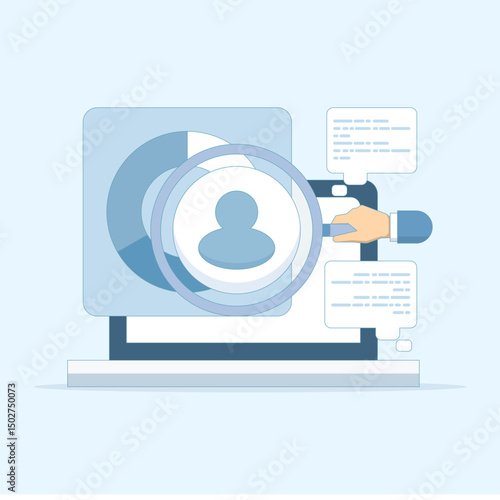 Marketing analysis and development concepts. Getting to know customers better. Using a magnifying glass to view customer reviews. Business statistical graph analysis.