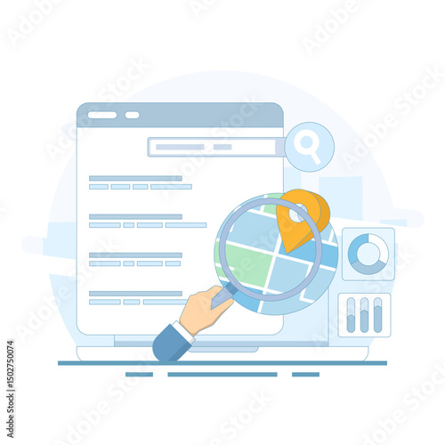 SEO Concept, Search Engine Optimization, Search Engine Result Page with Map for Business. Search Engine Map, Search Engine Displays Business Location in Search Results. Simple Illustration.