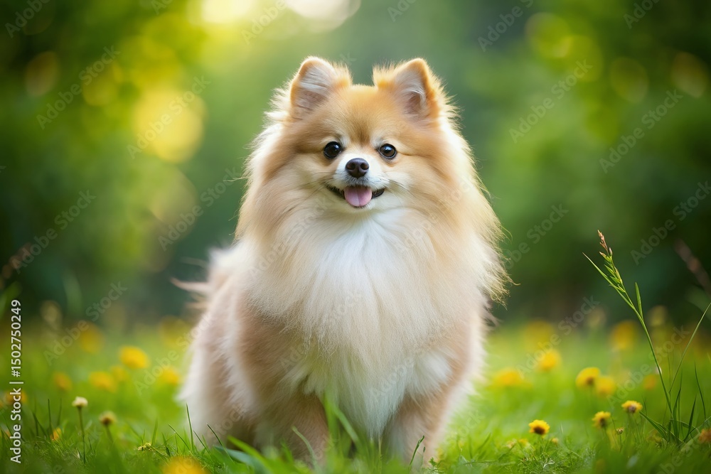 Adorable Pomeranian Spitz Dog in a Sunny Meadow Adorable Pomeranian Spitz Dog in a Sunny Meadow