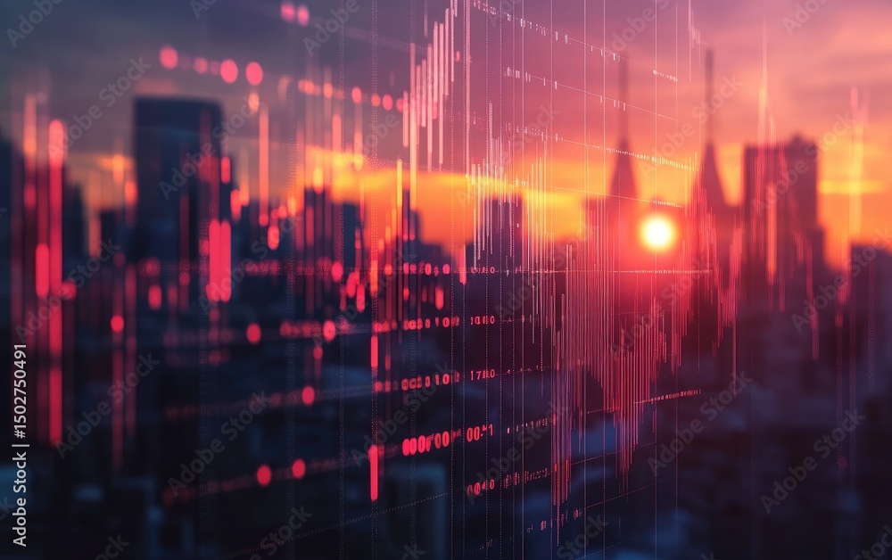 Obraz premium Financial data overlaying cityscape at sunset. Overlay of stock market charts, graphs, and data points on a blurred cityscape with warm sunset glow