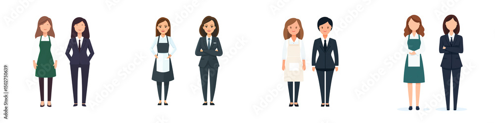 Female professionals and workers in various uniforms and business attire standing in pairs. Female professionals and workers in various uniforms and business attire standing in pairs.