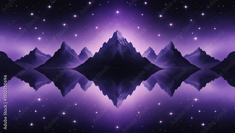 Obraz premium Symmetrical Mountain Reflections Under a Star-Filled Violet Sky
