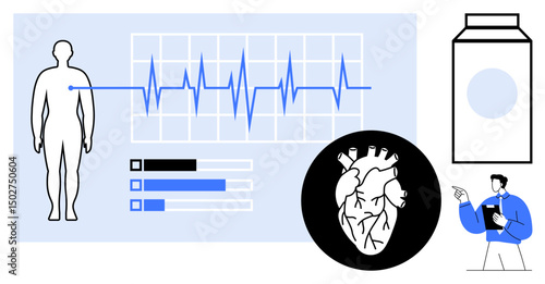 Medical professional pointing to report with health data including EKG reading, detailed heart, and medication bottle. Ideal for healthcare, cardiology, medical technology, patient care, health