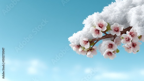 Snow Covered Delicate Pink Blossoms on Branch Against Blue Sky