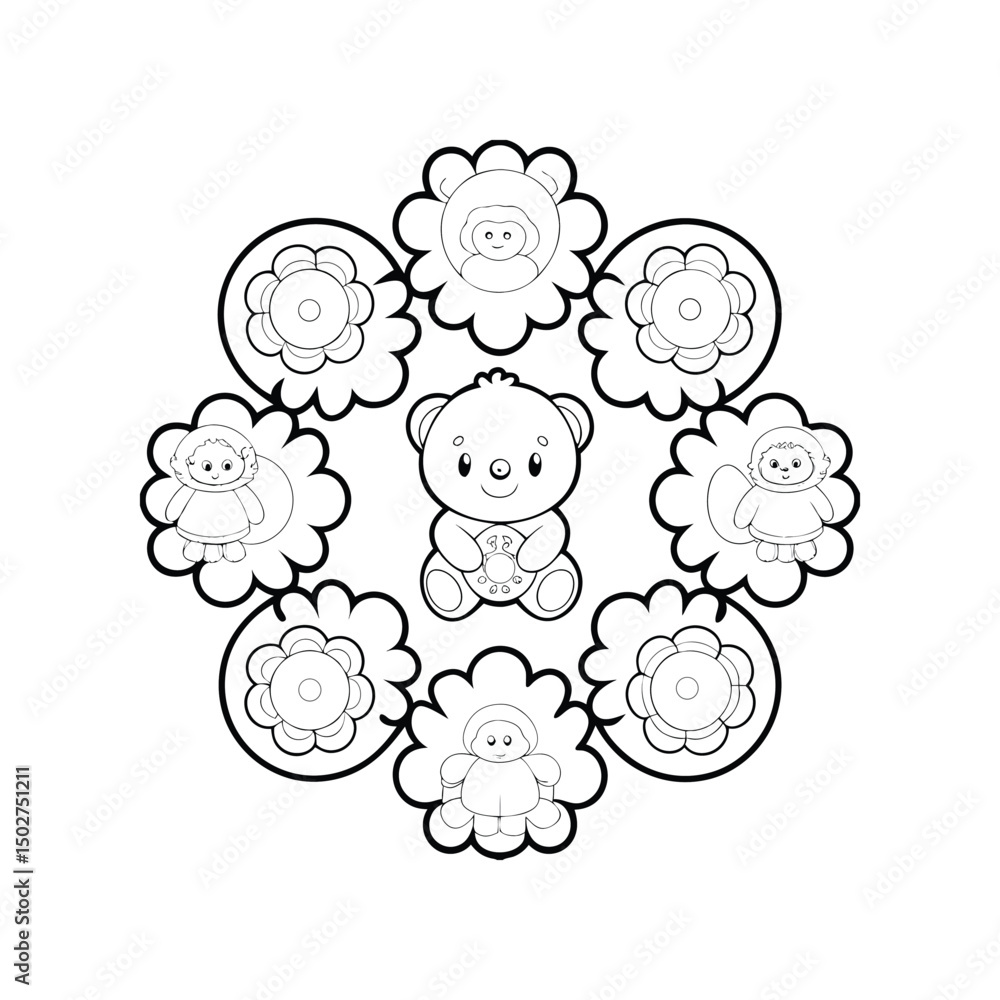 Adorable cartoon bear surrounded by friendly flower-shaped characters in a fun design Adorable cartoon bear surrounded by friendly flower-shaped characters in a fun design