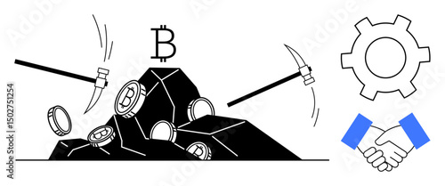 Pickaxes extracting coins from rocks, Bitcoin symbol above, gear and handshake icons on the side. Ideal for cryptocurrency, teamwork, technology, mining, blockchain, digital finance simple landing