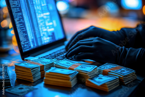 Hacker, laptop and credit card fraud for hacking, cloning and identity theft with person typing at night. Hands, tech and software for cyber crime, phishing scam or subscription with banking eft wire