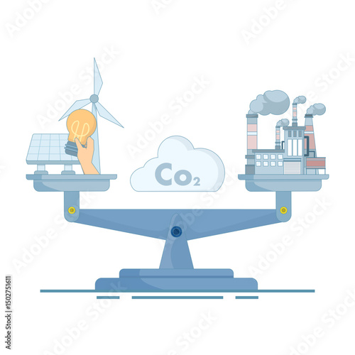 Sustainable Green Energy Concept and CO2 emission reduction and climate impact. CO2 emission reduction. Carbon Footprint and Environmental Awareness. Carbon dioxide neutral balance. Flat design.
