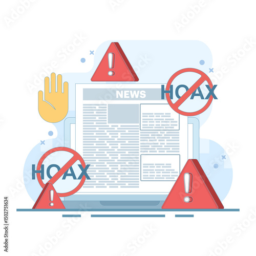 fake news concept, fake information in online news, stop the spread of fake news. Junk news content, Disinformation in newspapers. Stop misinformation on the internet and media. flat illustration.