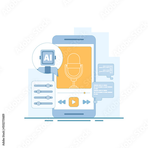 AI podcast generator concept. recording audio podcasts. audio listened to on a smartphone. AI automatically generates podcast episodes. platforms, and fans. flat design illustration.