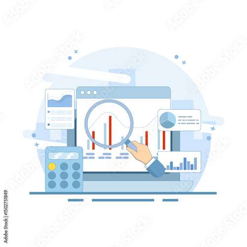 Data analysis concept diagram. data analysis and monitoring on web report dashboard. diagram on monitor. monitor and business investment concept. pie chart. flat design.
