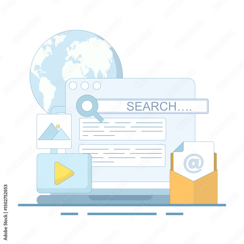 SEO search engine optimization concept. find, or research, SEO, search engine optimization, find information, crawl websites, top search engine results pages. flat design illustration. SEO search engine optimization concept. find, or research, SEO, search engine optimization, find information, crawl websites, top search engine results pages. flat design illustration.