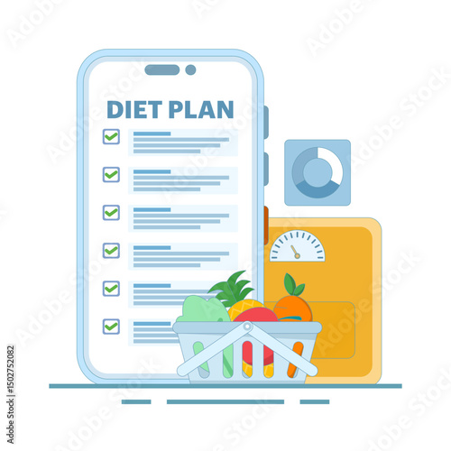 flat design illustration of following a diet plan with healthy foods. featuring fruits and vegetables, symbolizing a healthy eating plan. healthy and regular spirit. improving health and nutrition.