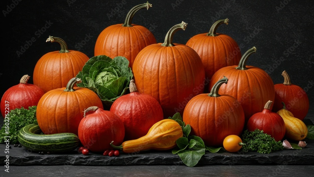 Harvest of pumpkins and vegetables on display Harvest of pumpkins and vegetables on display