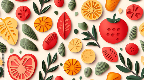 Vibrant cheerful seamless pattern of healthy organic fruit, vegetable, and leaf collage in playful style