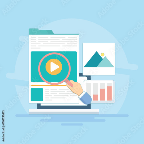 Blog content writing concepts, Quality written content for websites, Brand marketing strategies, High-quality video content for social media. Illustrations that emphasize quality content creation.